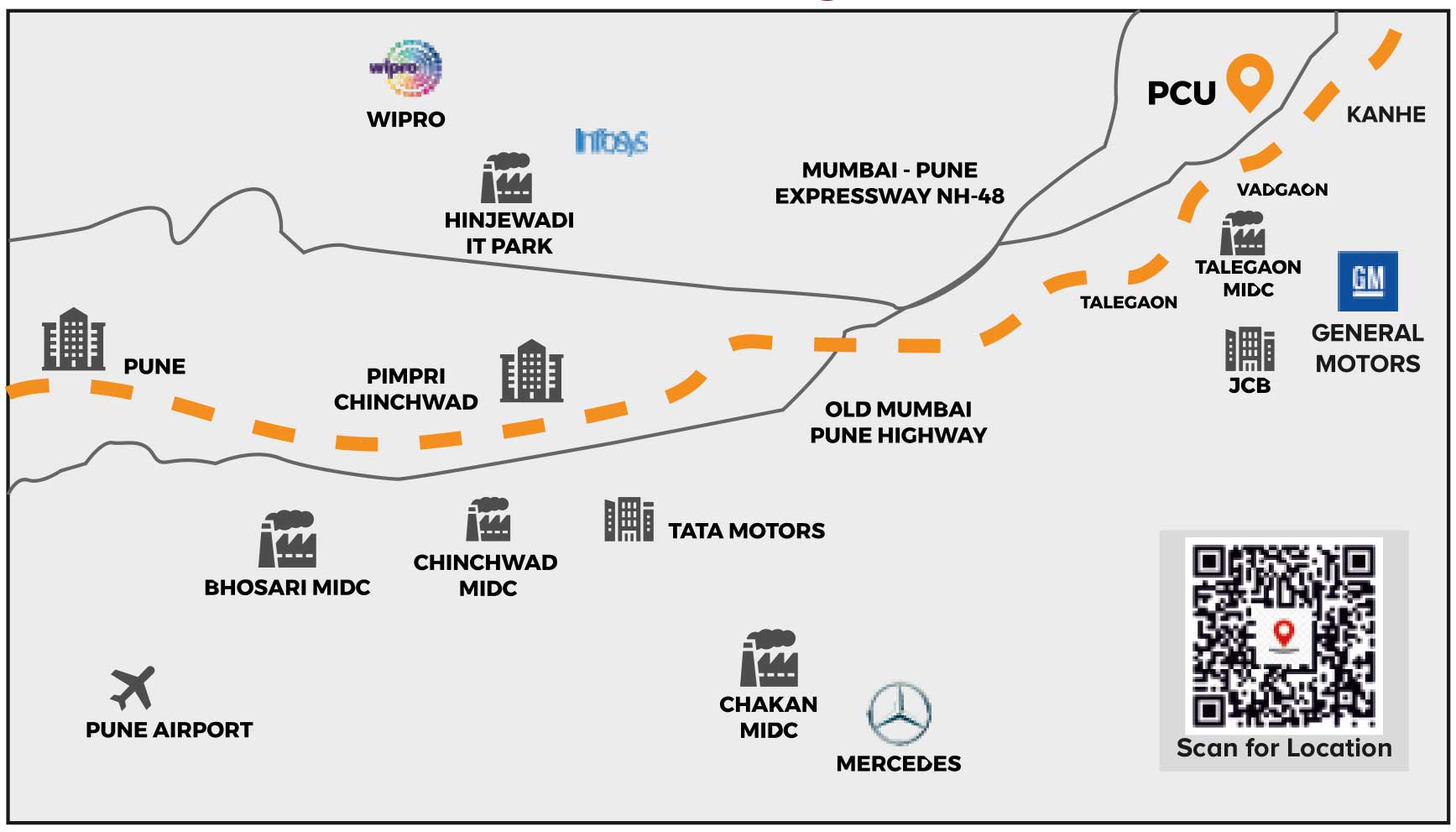 Map highlighting Pimpri Chinchwad University and key transport routes
